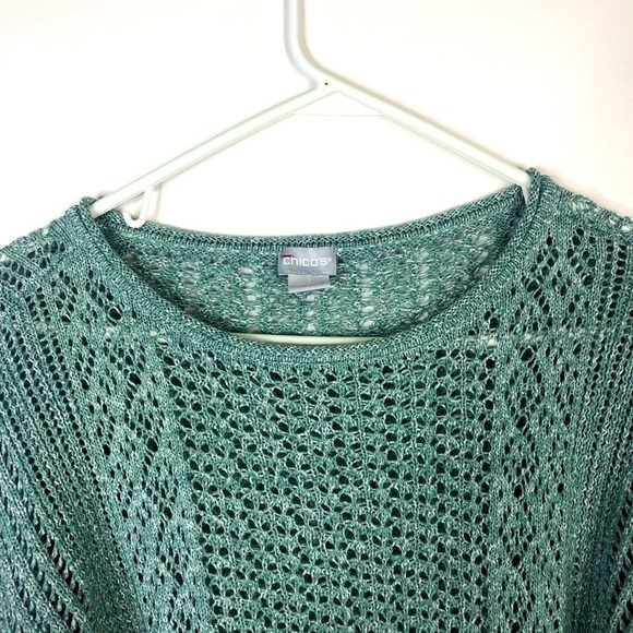 Chico’s aqua semi sheer crochet sweater drop shoulder long sleeve M (Chico’s 1) - Picture 2 of 12